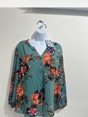 Market & Spruce Teal Floral V-Neck Buttoned Tunic